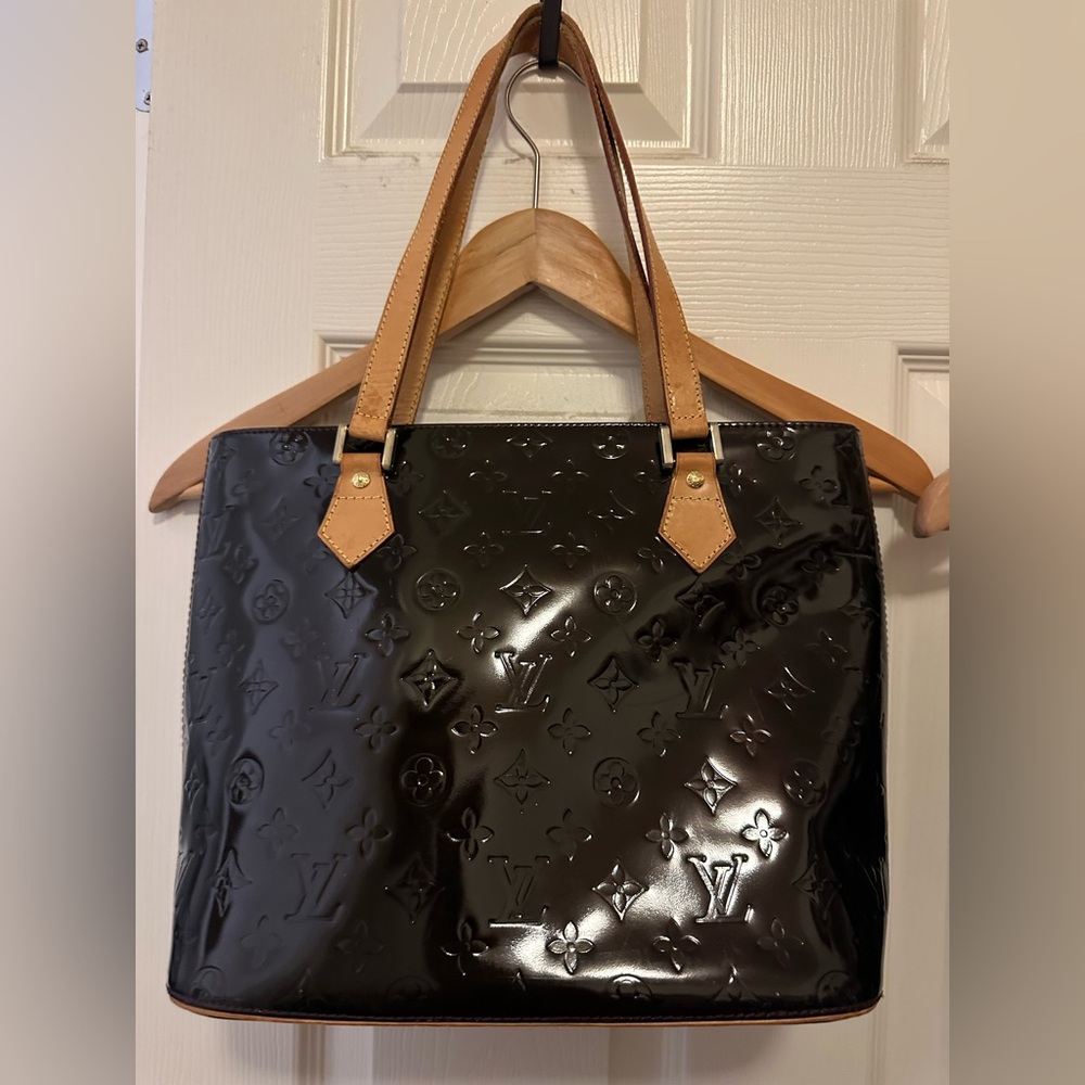 Black and Tan Patent Tote Bag
